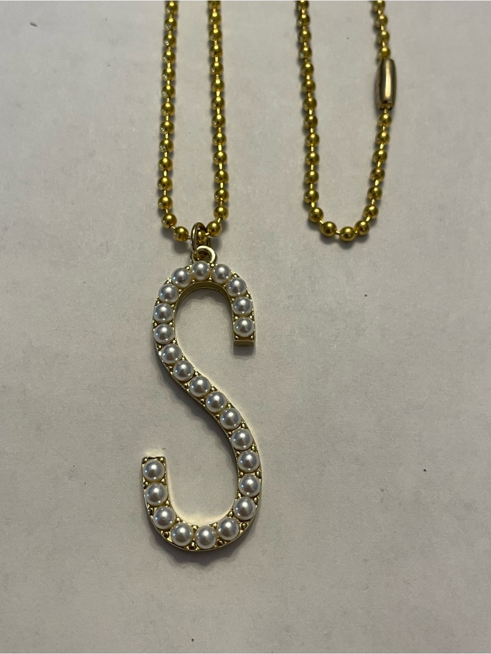 Gold Tone Faux Pearl Initial S Necklace #9171 💎 SALE